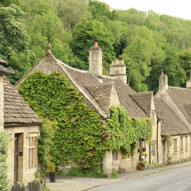 Stone cottages covered in greenery, set against a lush hillside.